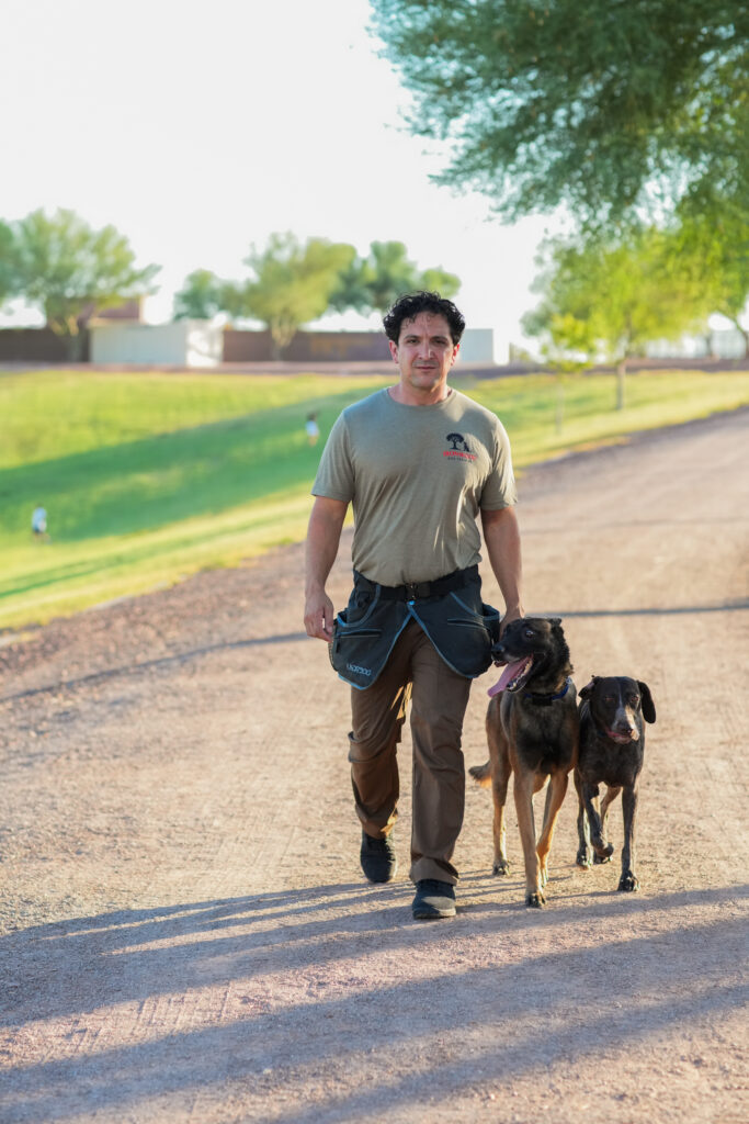 Robert Santana walking two dogs on loose leashes along a dirt path, dog leash training Phoenix